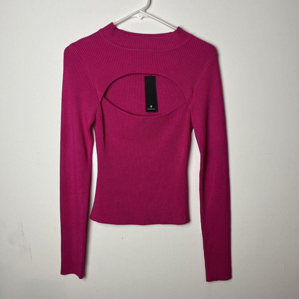 Lulus‎ Sweater Womens Medium Hot Pink Ribbed Long Sleeve Cutout Mock Neck Top